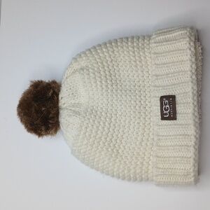 Ugg Knit Ribbed Cable‎ Beanie Hat Faux Fur Pom Fleece Lined Beige